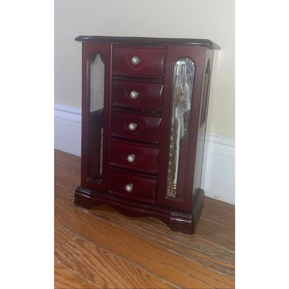 Brown Wood mini armoire chest drawer jewelry holder jewelry organizer & storage